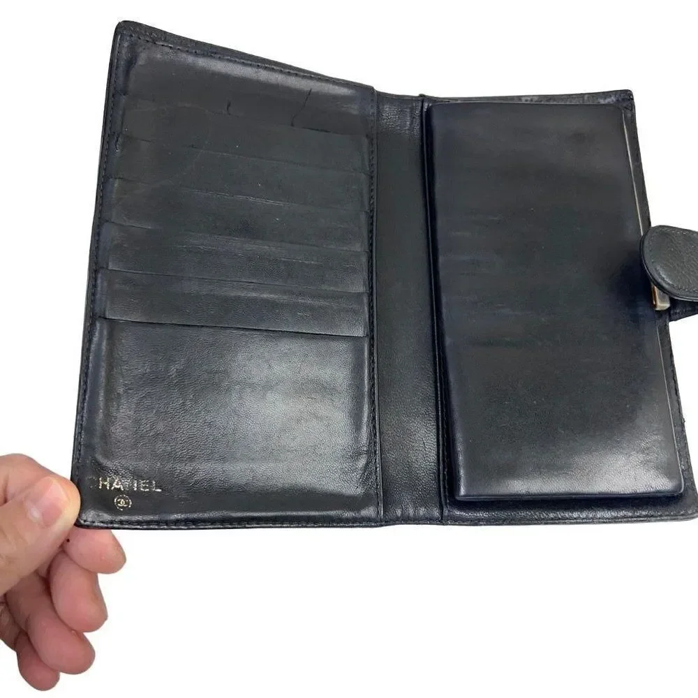Chanel Black Caviar Leather CC Logo Long Wallet